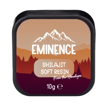 eminence resin shilajit 10g packaging, with orange and purple mountains in the background to the text