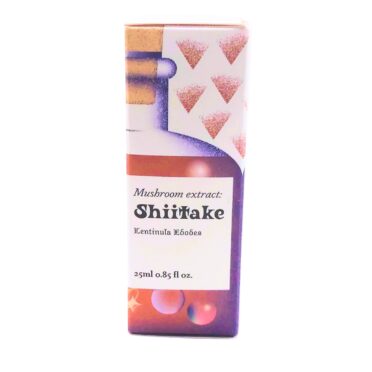 the pink and purple packaging for spore shore shiitake extract